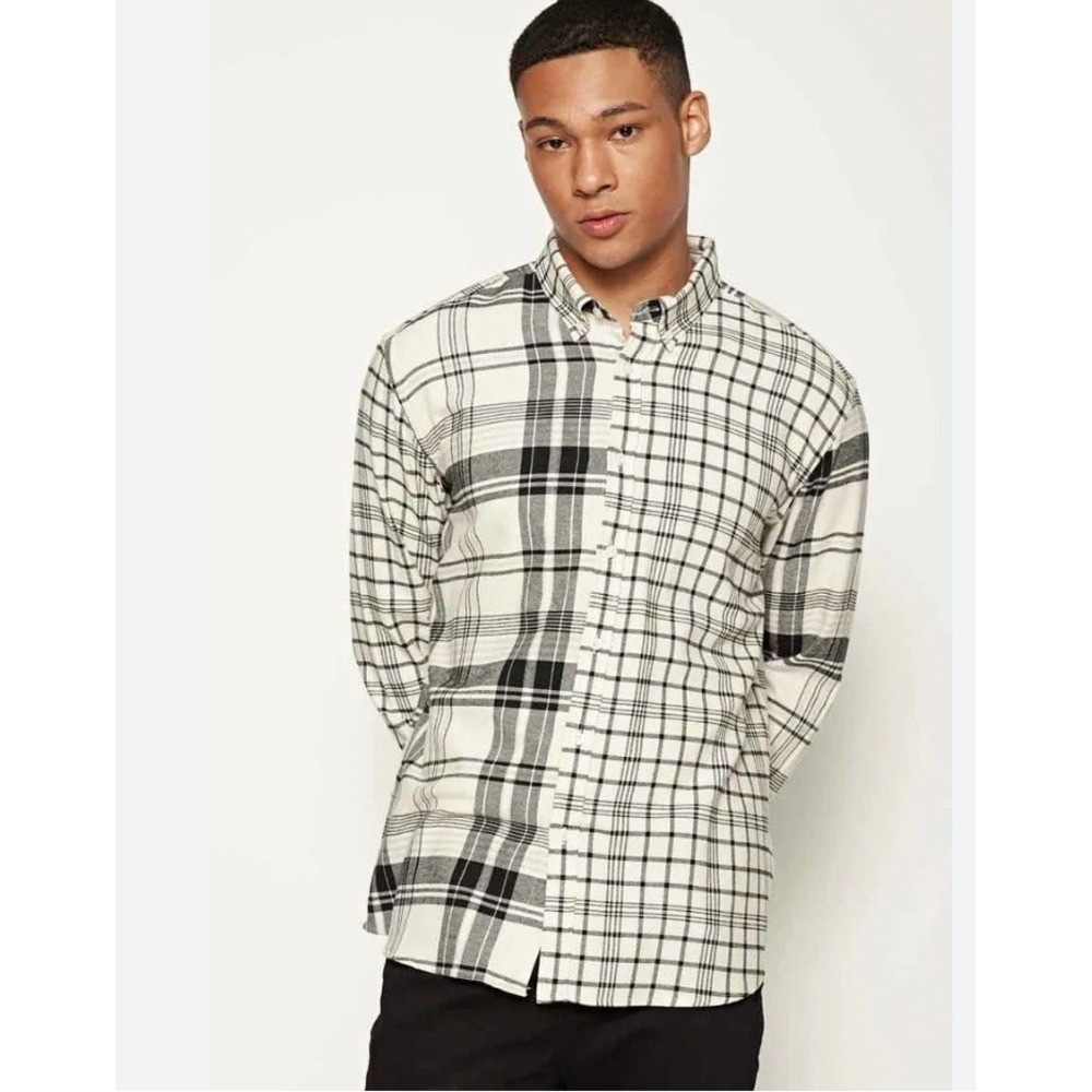 Zara Mens Medium Plaid Shirt Long Sleeve Button‎ Down Casual Black White